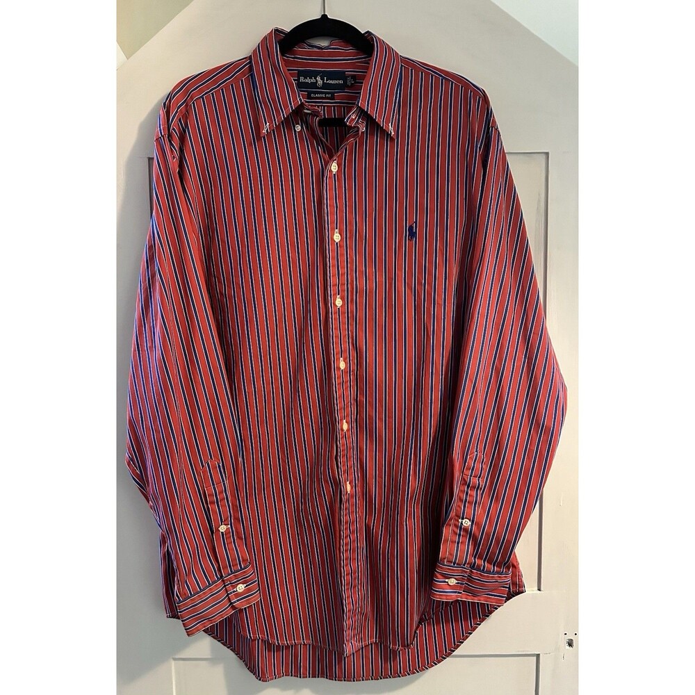 Men’s Ralph Lauren Shirt Red Blue Striped Button Down Classic Fit Size L